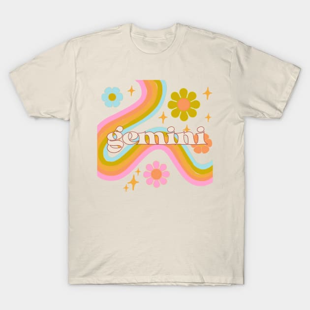 Gemini 70s Rainbow with Flowers T-Shirt by Deardarling